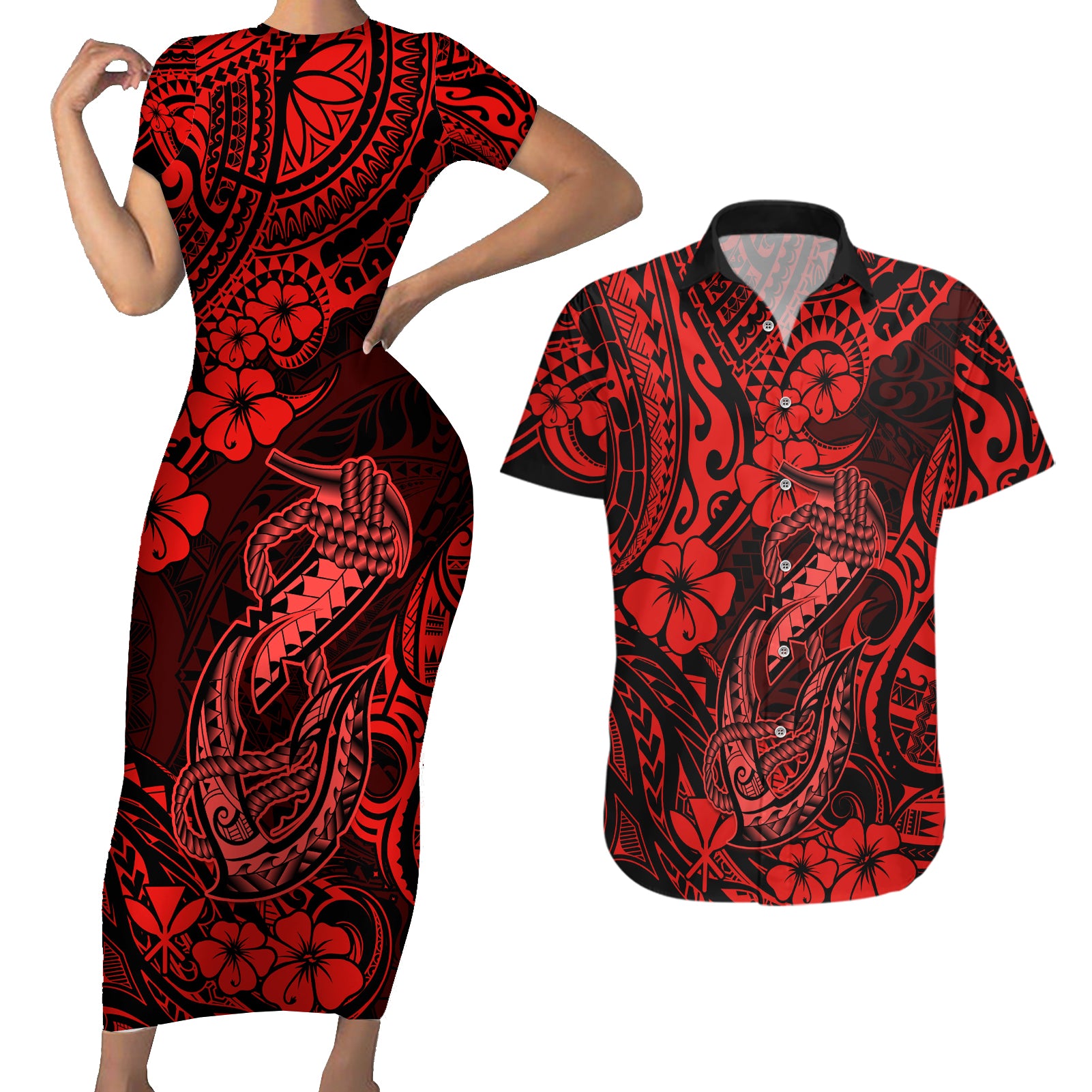 Hawaii Fish Hook Couples Matching Short Sleeve Bodycon Dress and Hawaiian Shirt Hibiscus Hawaii Tribal Tattoo Red Version - Wonder Print Shop