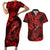 Hawaii Fish Hook Couples Matching Short Sleeve Bodycon Dress and Hawaiian Shirt Hibiscus Hawaii Tribal Tattoo Red Version - Wonder Print Shop