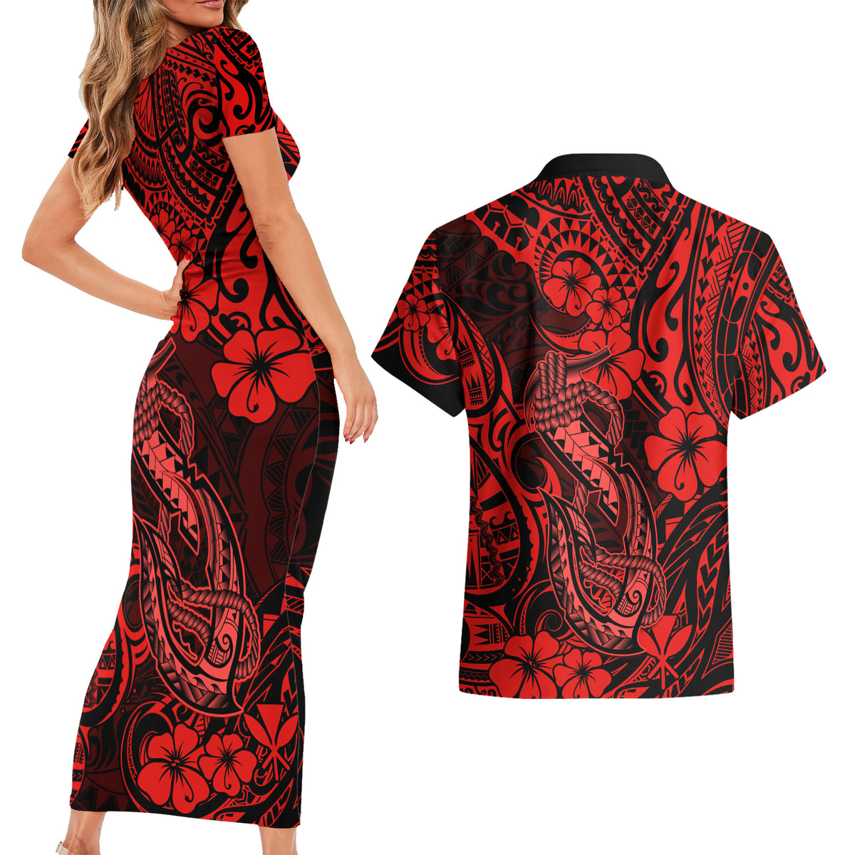 Hawaii Fish Hook Couples Matching Short Sleeve Bodycon Dress and Hawaiian Shirt Hibiscus Hawaii Tribal Tattoo Red Version - Wonder Print Shop