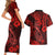 Hawaii Fish Hook Couples Matching Short Sleeve Bodycon Dress and Hawaiian Shirt Hibiscus Hawaii Tribal Tattoo Red Version - Wonder Print Shop