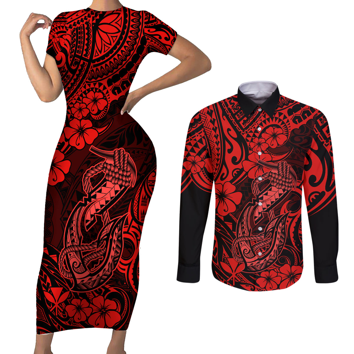 Hawaii Fish Hook Couples Matching Short Sleeve Bodycon Dress and Long Sleeve Button Shirts Hibiscus Hawaii Tribal Tattoo Red Version - Wonder Print Shop