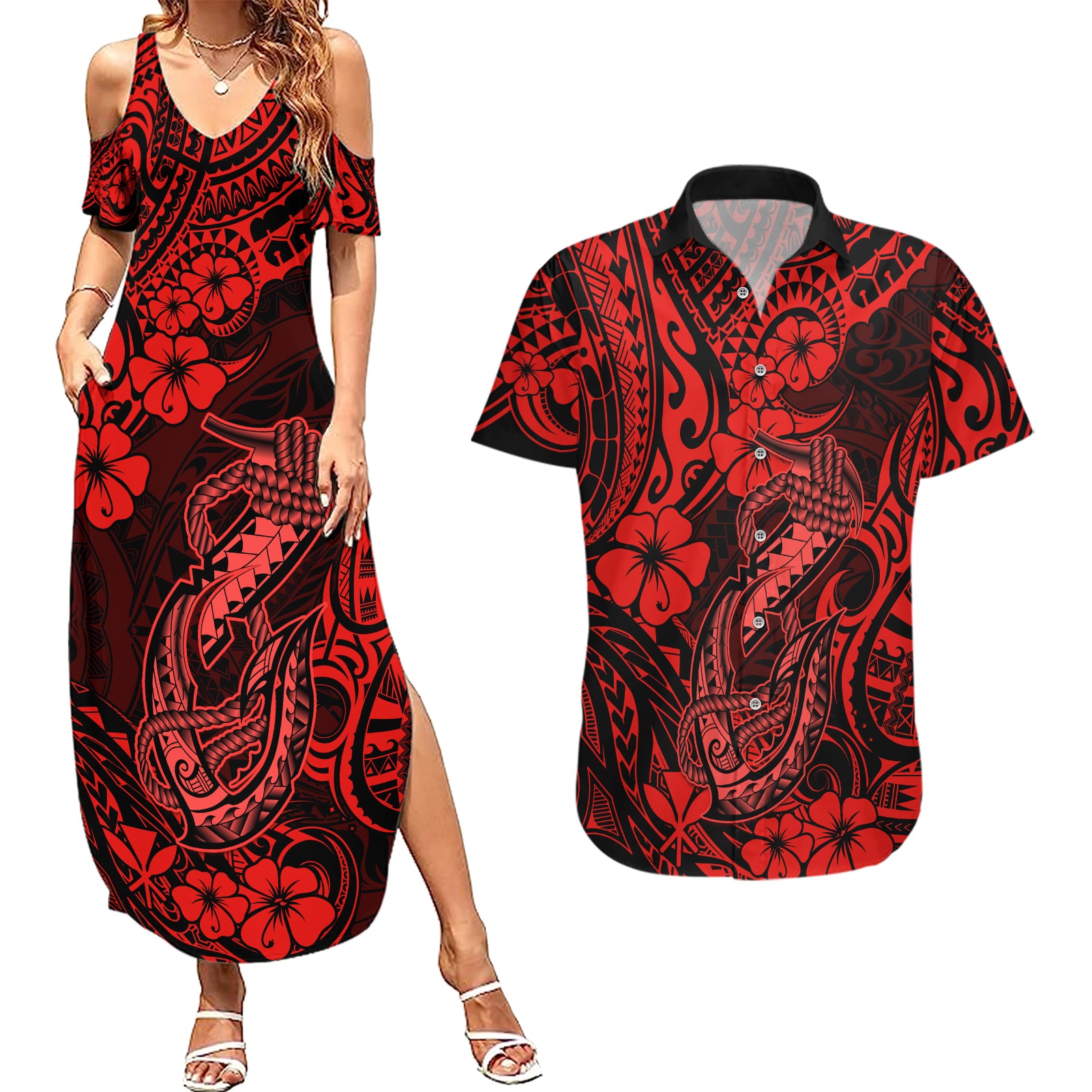 Hawaii Fish Hook Couples Matching Summer Maxi Dress and Hawaiian Shirt Hibiscus Hawaii Tribal Tattoo Red Version - Wonder Print Shop