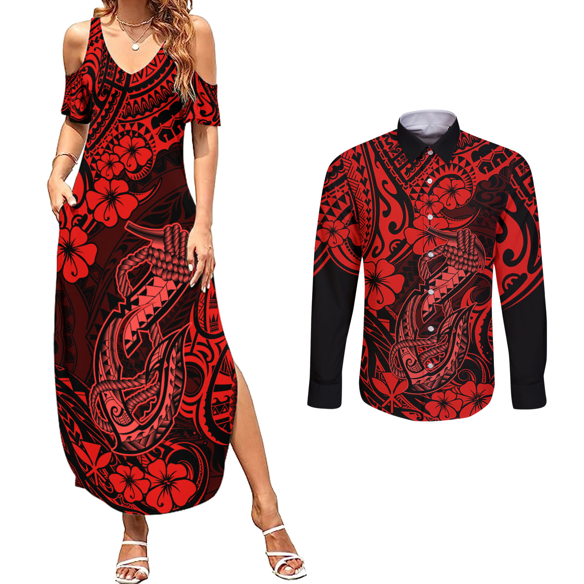 Hawaii Fish Hook Couples Matching Summer Maxi Dress and Long Sleeve Button Shirts Hibiscus Hawaii Tribal Tattoo Red Version - Wonder Print Shop