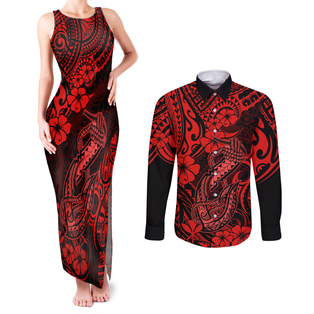 Hawaii Fish Hook Couples Matching Tank Maxi Dress and Long Sleeve Button Shirts Hibiscus Hawaii Tribal Tattoo Red Version - Wonder Print Shop