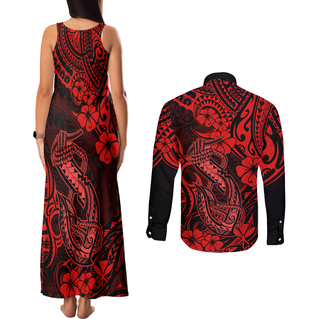 Hawaii Fish Hook Couples Matching Tank Maxi Dress and Long Sleeve Button Shirts Hibiscus Hawaii Tribal Tattoo Red Version - Wonder Print Shop