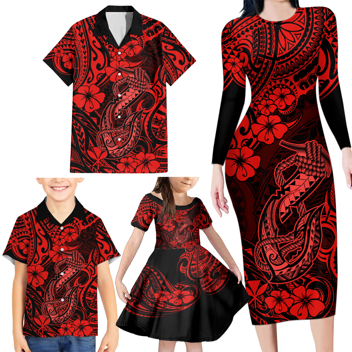 Hawaii Fish Hook Family Matching Long Sleeve Bodycon Dress and Hawaiian Shirt Hibiscus Hawaii Tribal Tattoo Red Version - Wonder Print Shop