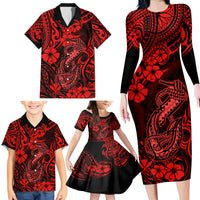 Hawaii Fish Hook Family Matching Long Sleeve Bodycon Dress and Hawaiian Shirt Hibiscus Hawaii Tribal Tattoo Red Version - Wonder Print Shop