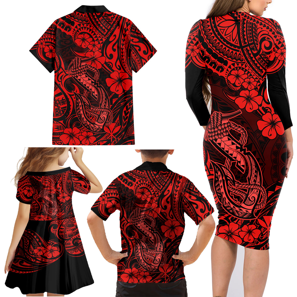 Hawaii Fish Hook Family Matching Long Sleeve Bodycon Dress and Hawaiian Shirt Hibiscus Hawaii Tribal Tattoo Red Version - Wonder Print Shop