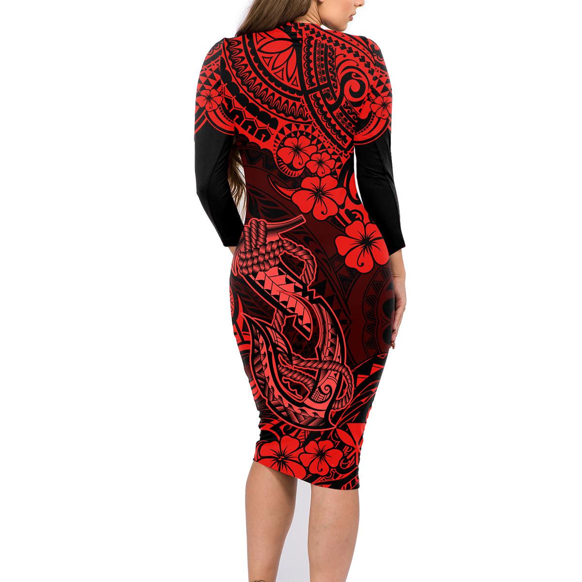 Hawaii Fish Hook Family Matching Long Sleeve Bodycon Dress and Hawaiian Shirt Hibiscus Hawaii Tribal Tattoo Red Version - Wonder Print Shop