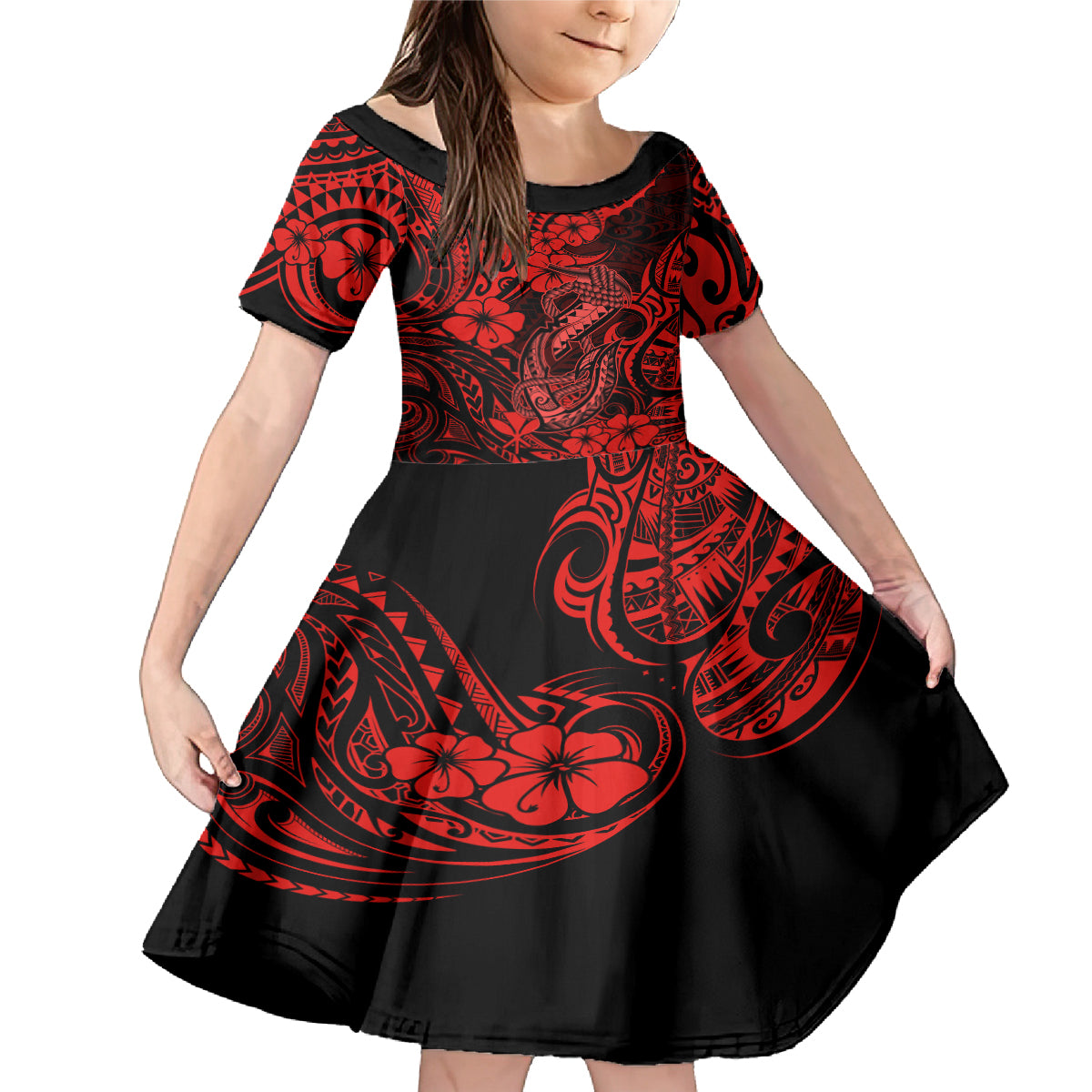 Hawaii Fish Hook Family Matching Mermaid Dress and Hawaiian Shirt Hibiscus Hawaii Tribal Tattoo Red Version - Wonder Print Shop