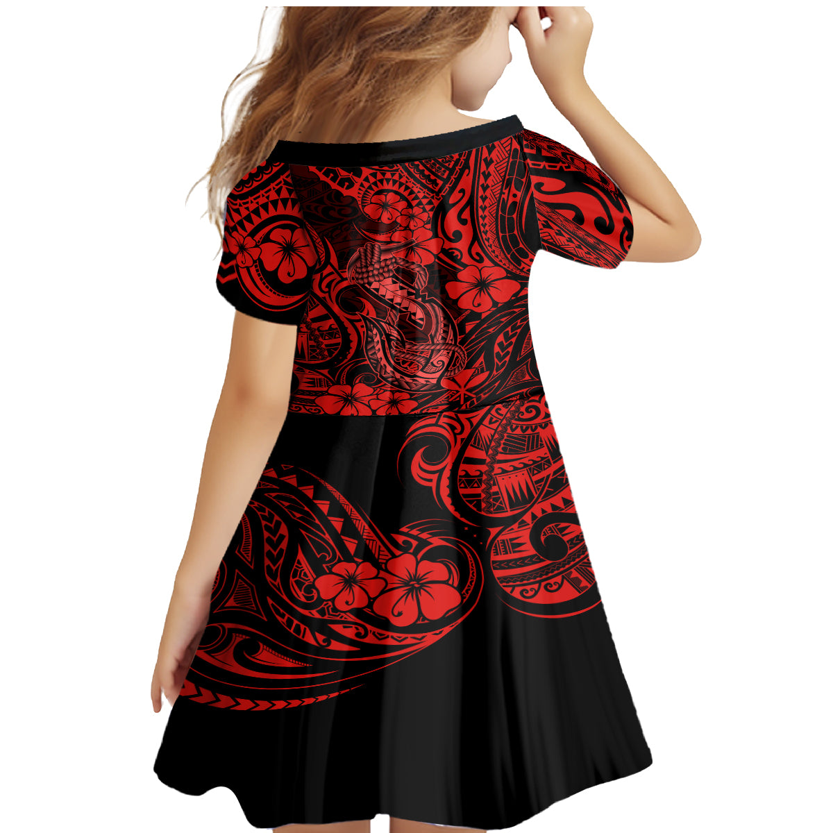 Hawaii Fish Hook Family Matching Mermaid Dress and Hawaiian Shirt Hibiscus Hawaii Tribal Tattoo Red Version - Wonder Print Shop