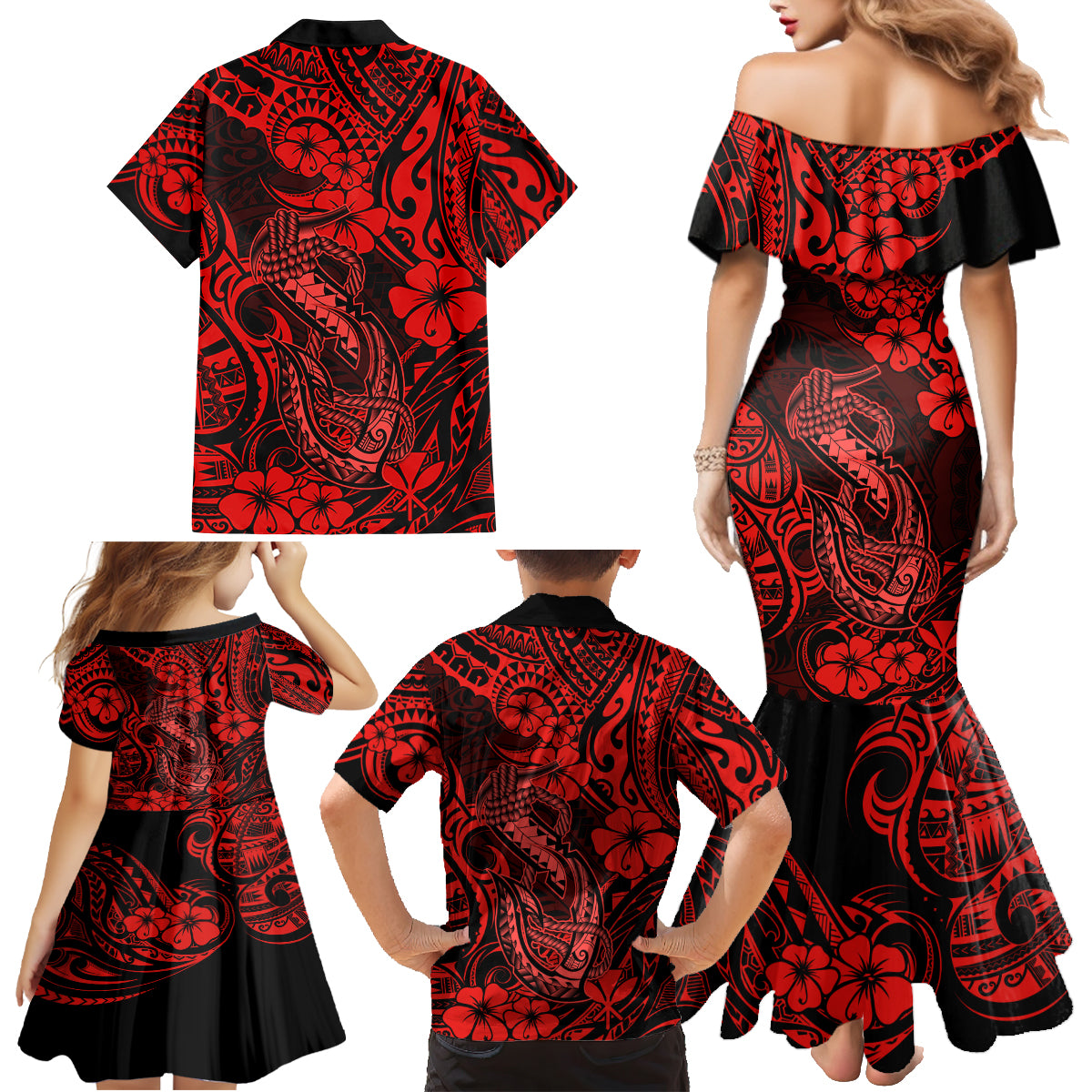 Hawaii Fish Hook Family Matching Mermaid Dress and Hawaiian Shirt Hibiscus Hawaii Tribal Tattoo Red Version - Wonder Print Shop