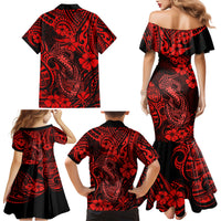 Hawaii Fish Hook Family Matching Mermaid Dress and Hawaiian Shirt Hibiscus Hawaii Tribal Tattoo Red Version - Wonder Print Shop