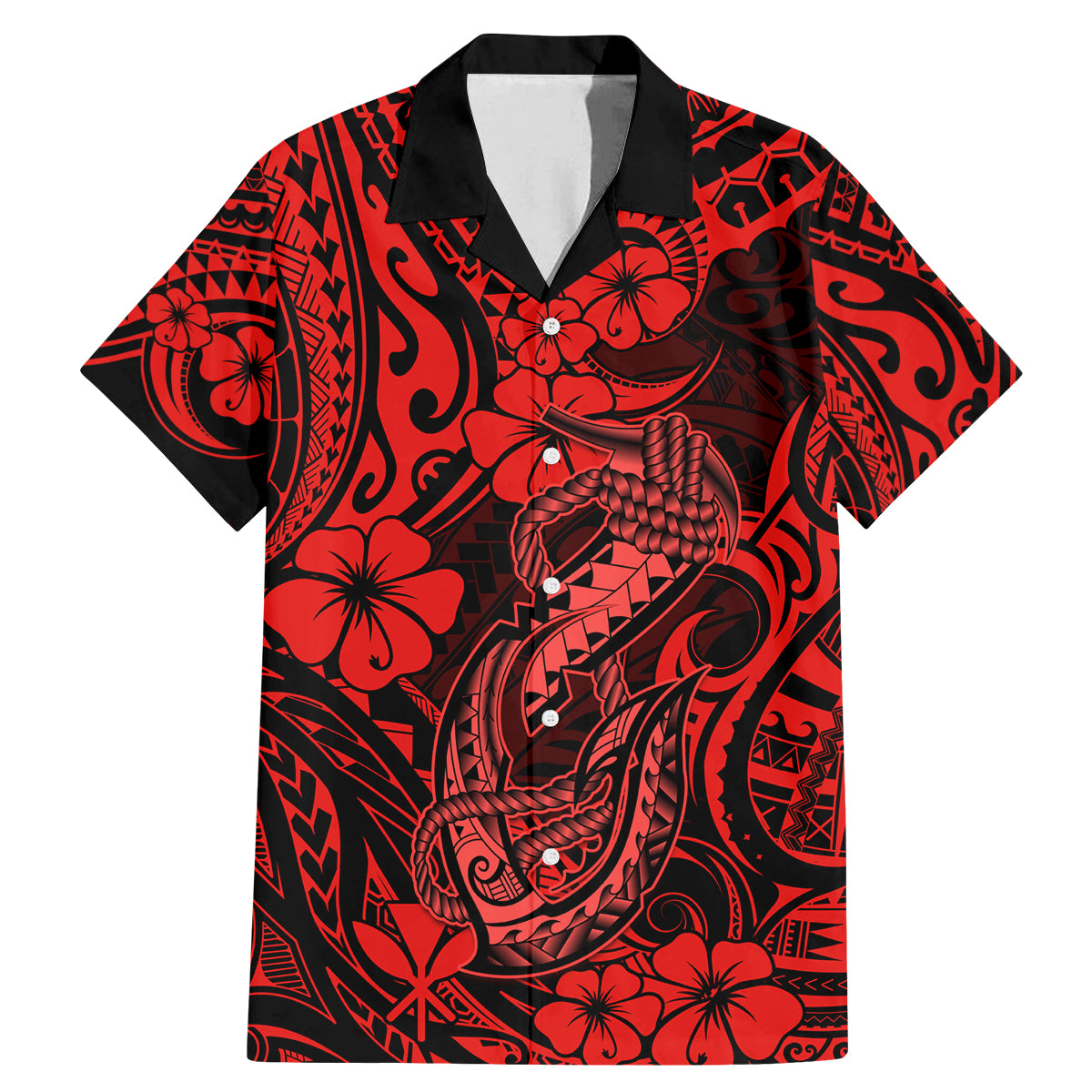 Hawaii Fish Hook Family Matching Mermaid Dress and Hawaiian Shirt Hibiscus Hawaii Tribal Tattoo Red Version - Wonder Print Shop