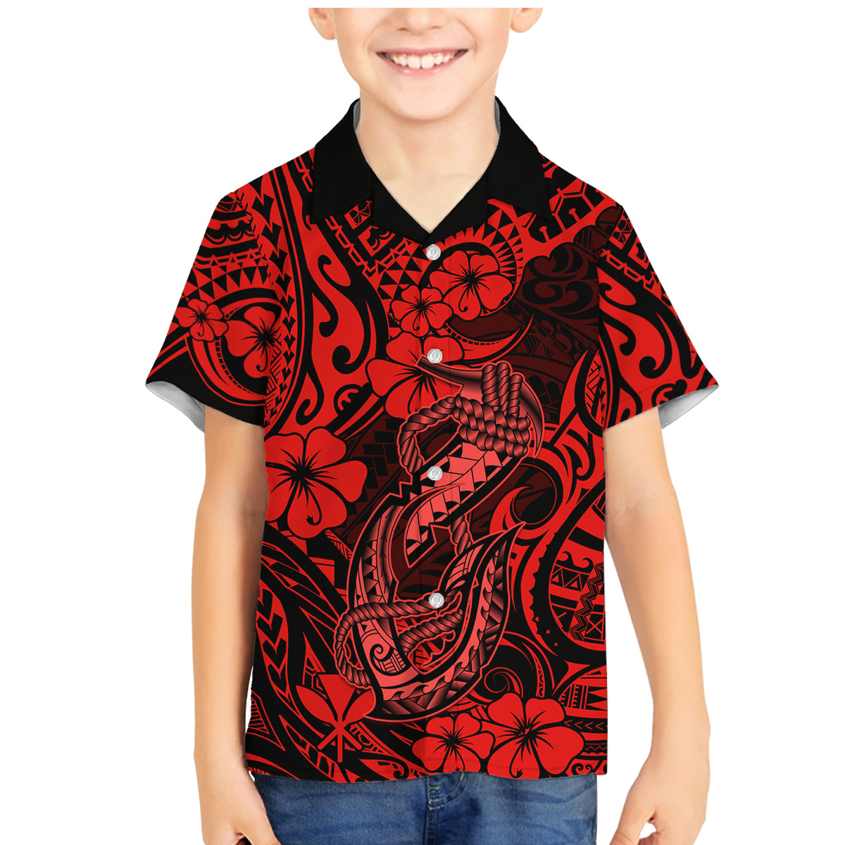 Hawaii Fish Hook Family Matching Mermaid Dress and Hawaiian Shirt Hibiscus Hawaii Tribal Tattoo Red Version - Wonder Print Shop