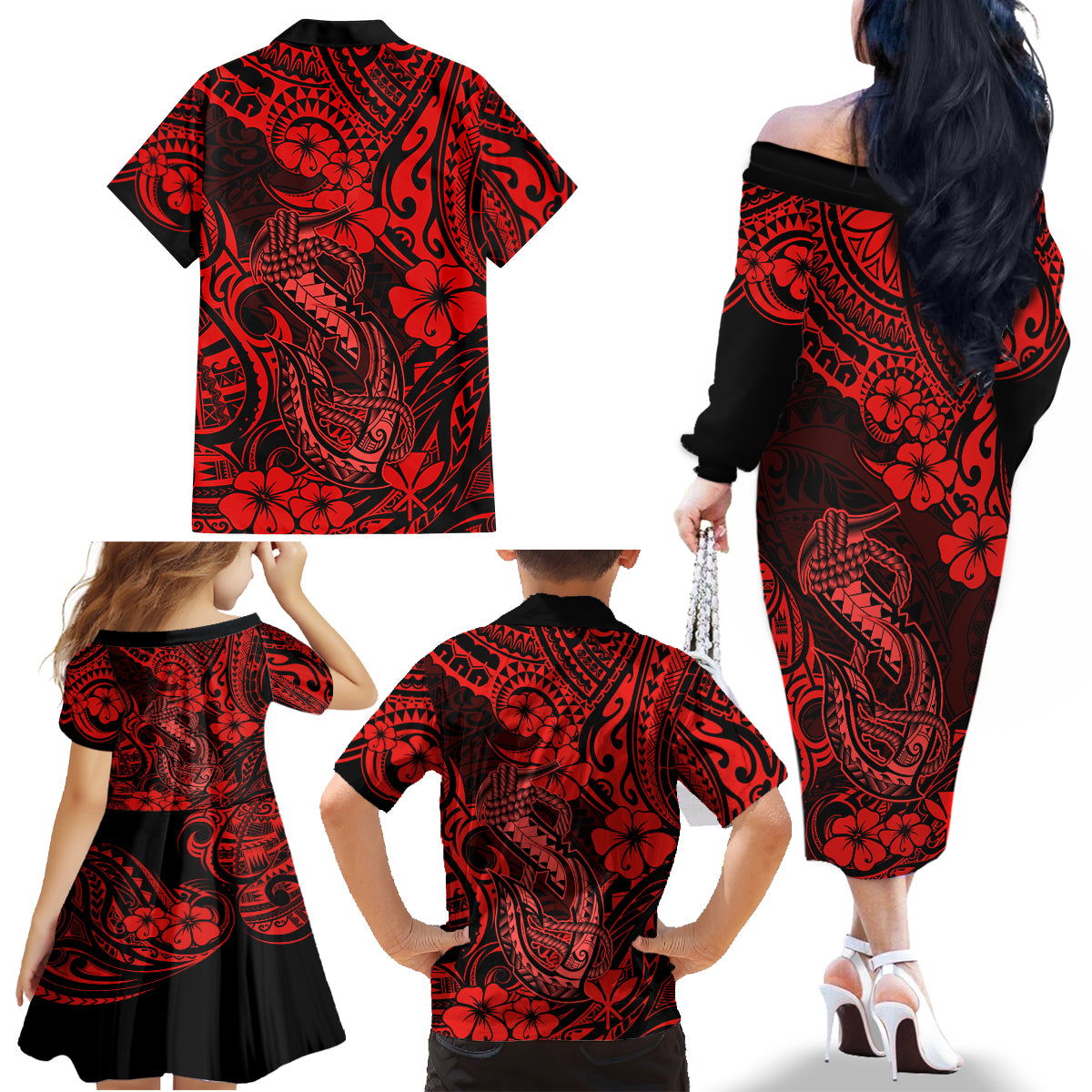 Hawaii Fish Hook Family Matching Off Shoulder Long Sleeve Dress and Hawaiian Shirt Hibiscus Hawaii Tribal Tattoo Red Version - Wonder Print Shop
