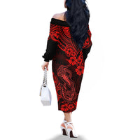 Hawaii Fish Hook Family Matching Off Shoulder Long Sleeve Dress and Hawaiian Shirt Hibiscus Hawaii Tribal Tattoo Red Version - Wonder Print Shop