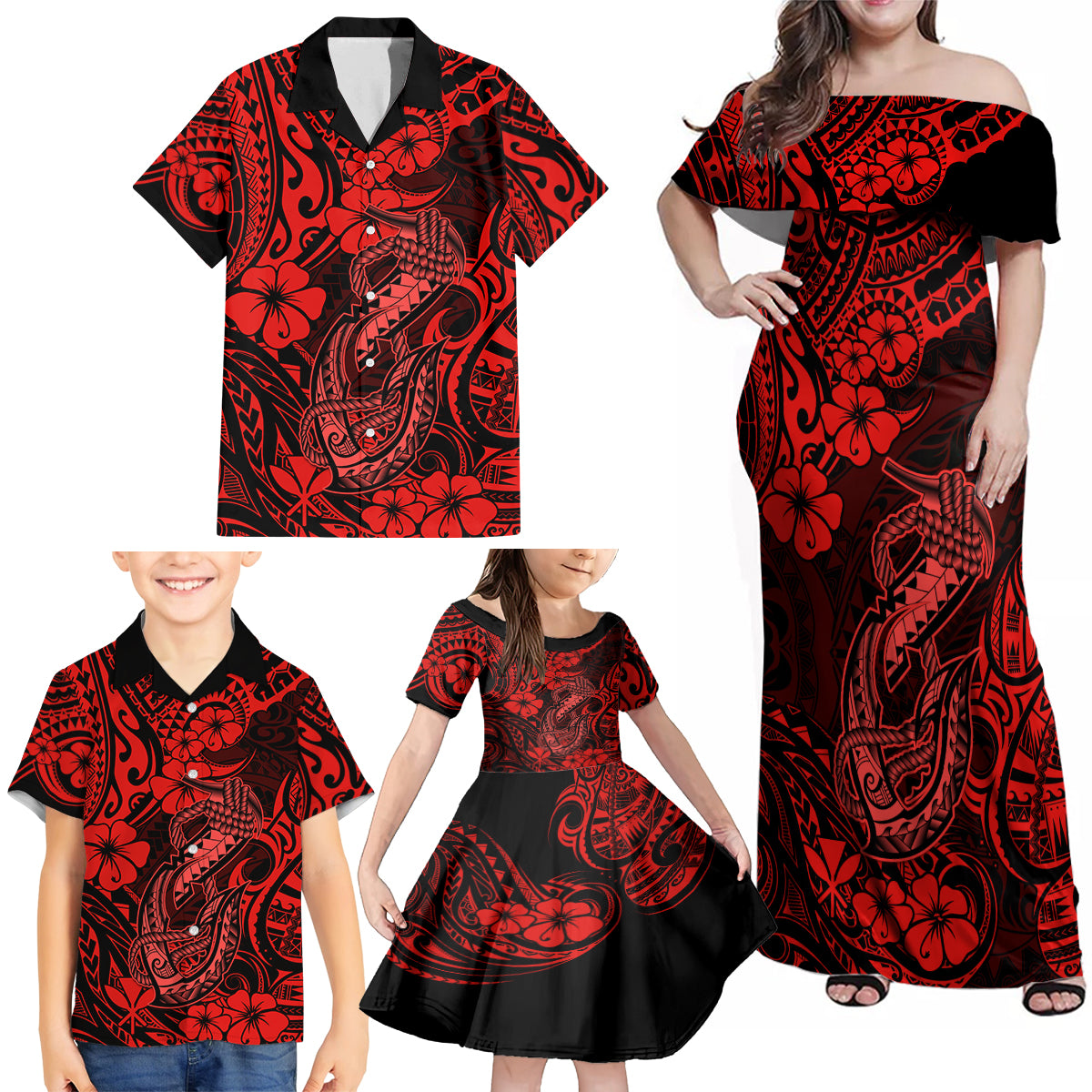 Hawaii Fish Hook Family Matching Off Shoulder Maxi Dress and Hawaiian Shirt Hibiscus Hawaii Tribal Tattoo Red Version - Wonder Print Shop