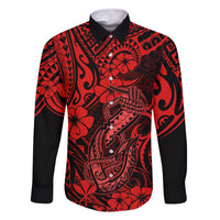 Hawaii Fish Hook Family Matching Off Shoulder Maxi Dress and Hawaiian Shirt Hibiscus Hawaii Tribal Tattoo Red Version - Wonder Print Shop