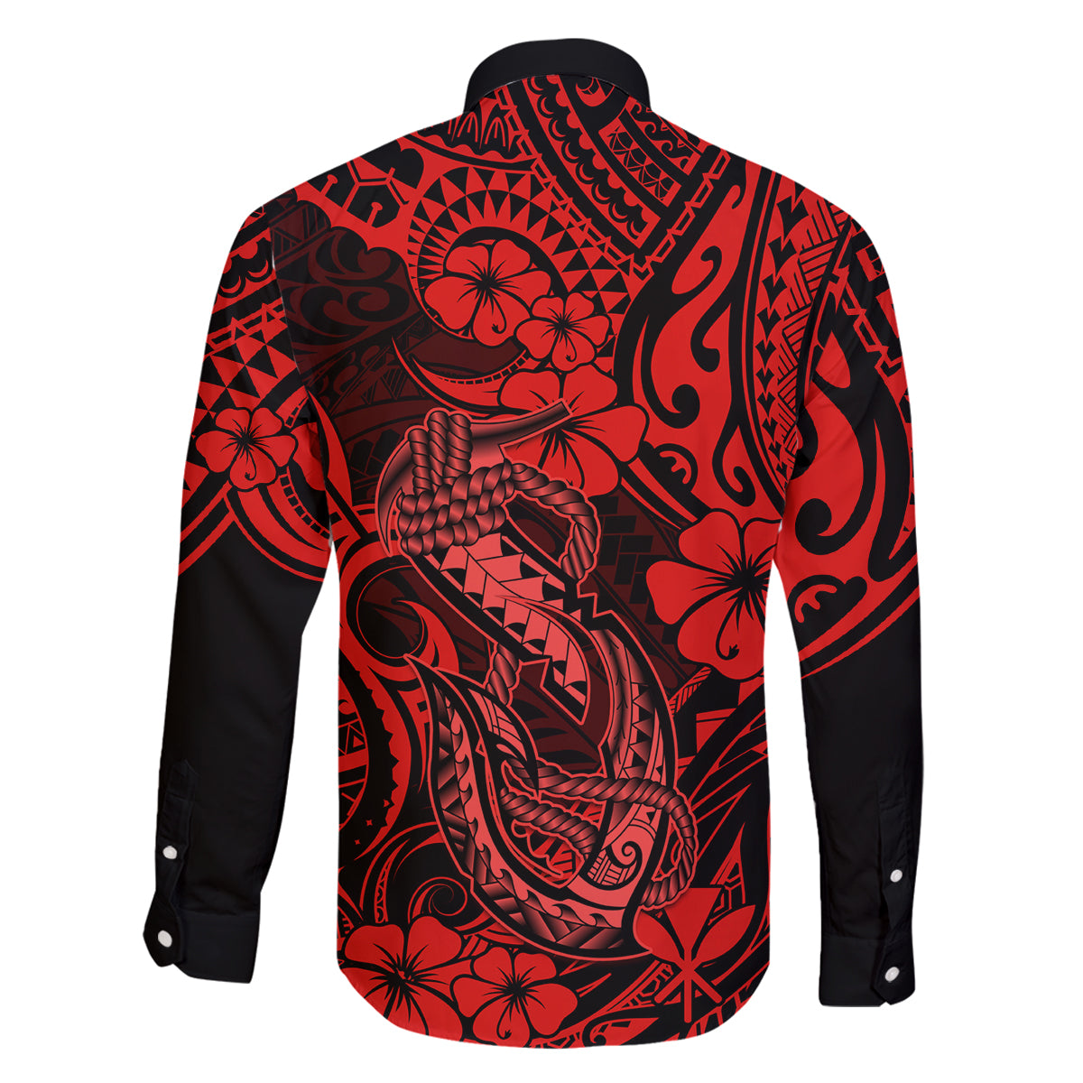 Hawaii Fish Hook Family Matching Off Shoulder Maxi Dress and Hawaiian Shirt Hibiscus Hawaii Tribal Tattoo Red Version - Wonder Print Shop