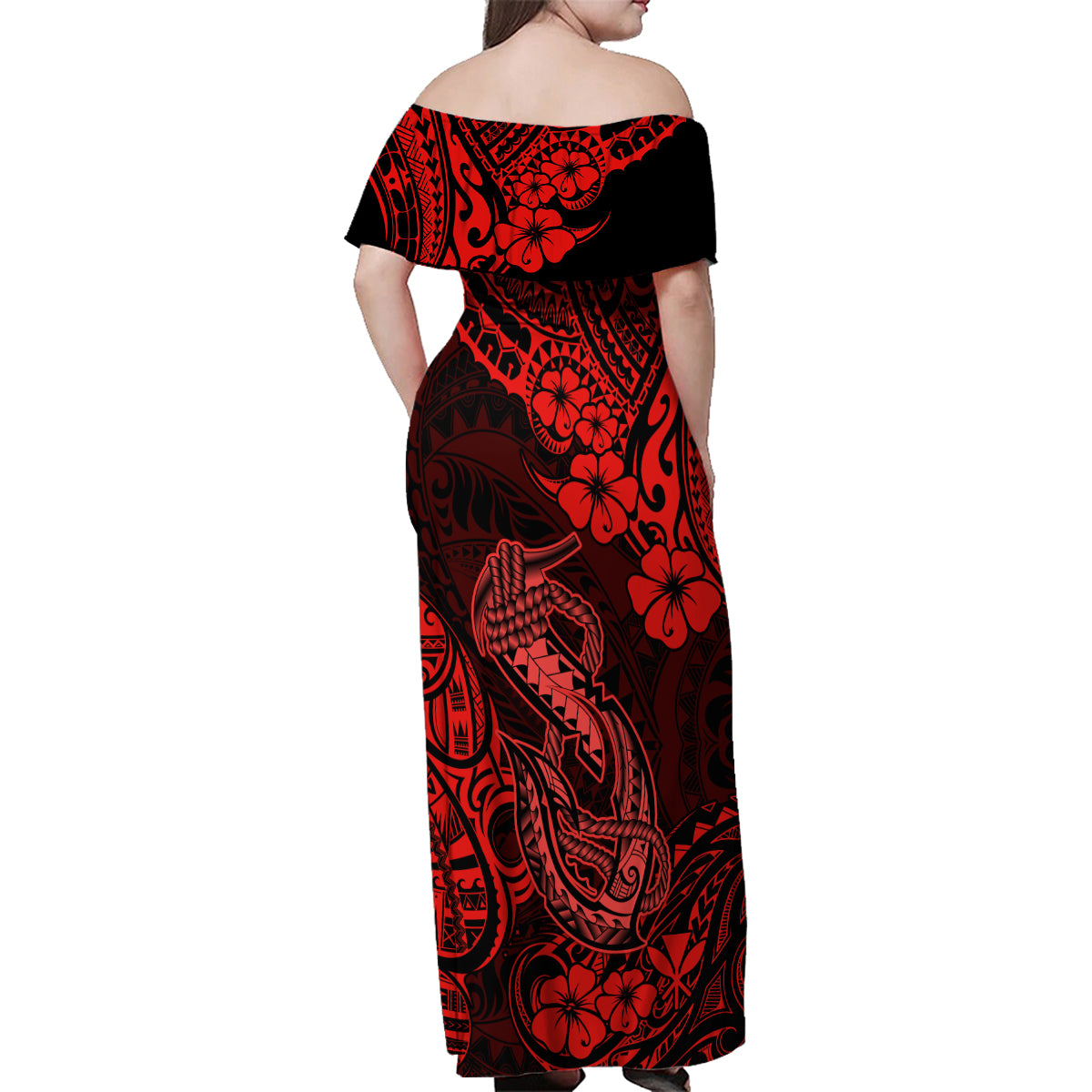 Hawaii Fish Hook Family Matching Off Shoulder Maxi Dress and Hawaiian Shirt Hibiscus Hawaii Tribal Tattoo Red Version - Wonder Print Shop