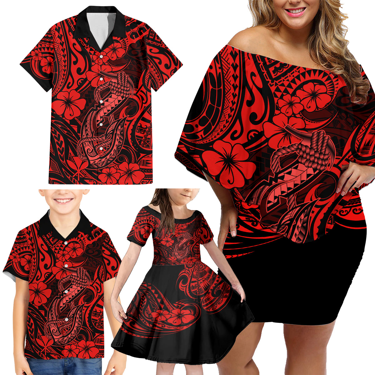 Hawaii Fish Hook Family Matching Off Shoulder Short Dress and Hawaiian Shirt Hibiscus Hawaii Tribal Tattoo Red Version - Wonder Print Shop