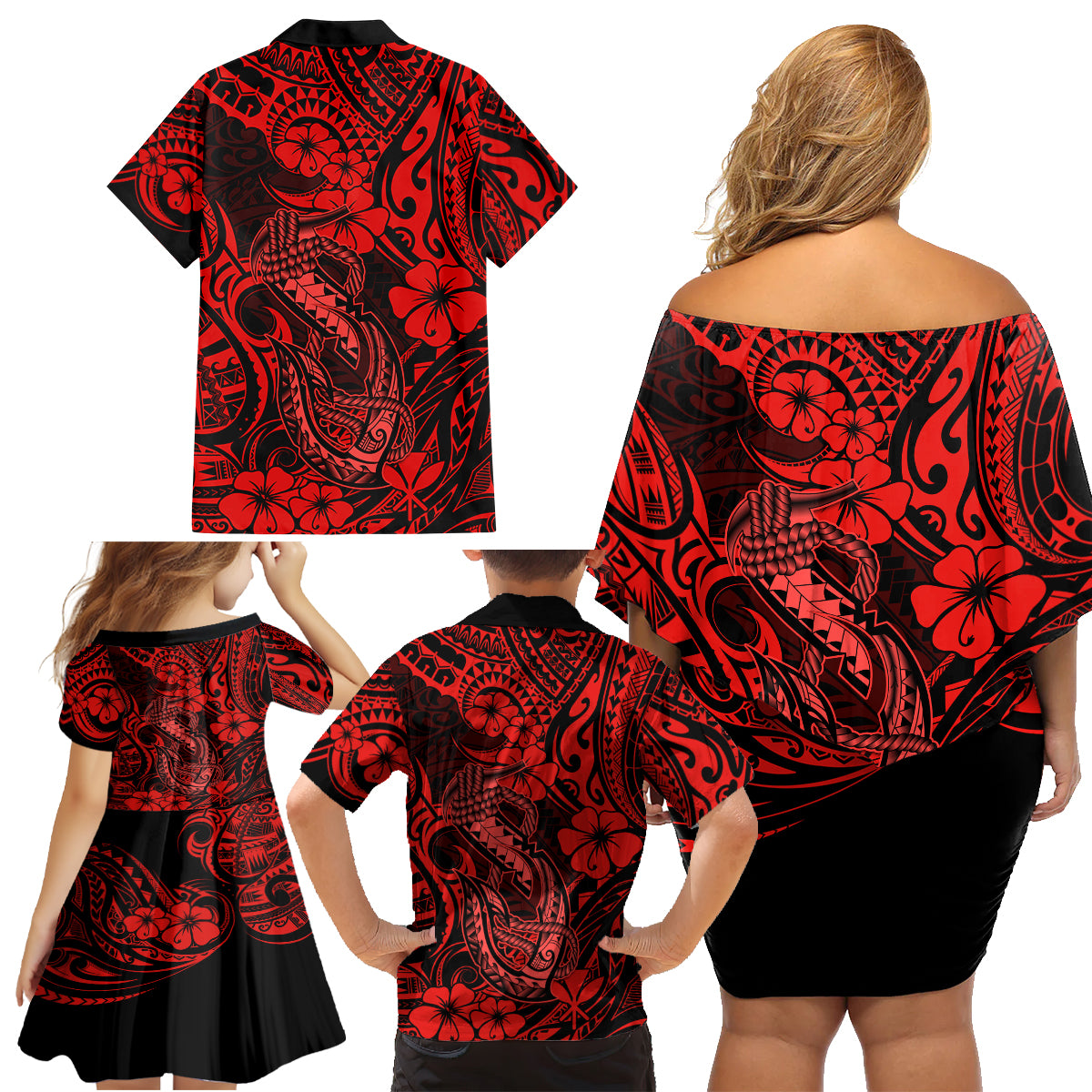 Hawaii Fish Hook Family Matching Off Shoulder Short Dress and Hawaiian Shirt Hibiscus Hawaii Tribal Tattoo Red Version - Wonder Print Shop