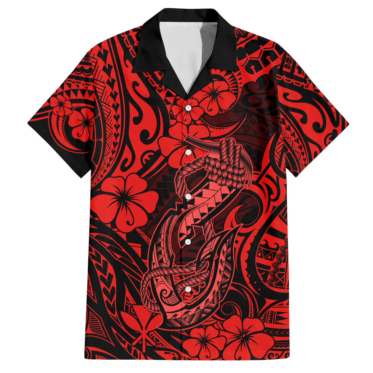 Hawaii Fish Hook Family Matching Off Shoulder Short Dress and Hawaiian Shirt Hibiscus Hawaii Tribal Tattoo Red Version - Wonder Print Shop