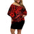 Hawaii Fish Hook Family Matching Off Shoulder Short Dress and Hawaiian Shirt Hibiscus Hawaii Tribal Tattoo Red Version - Wonder Print Shop