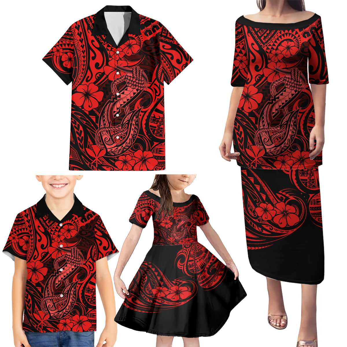 Hawaii Fish Hook Family Matching Puletasi Dress and Hawaiian Shirt Hibiscus Hawaii Tribal Tattoo Red Version - Wonder Print Shop