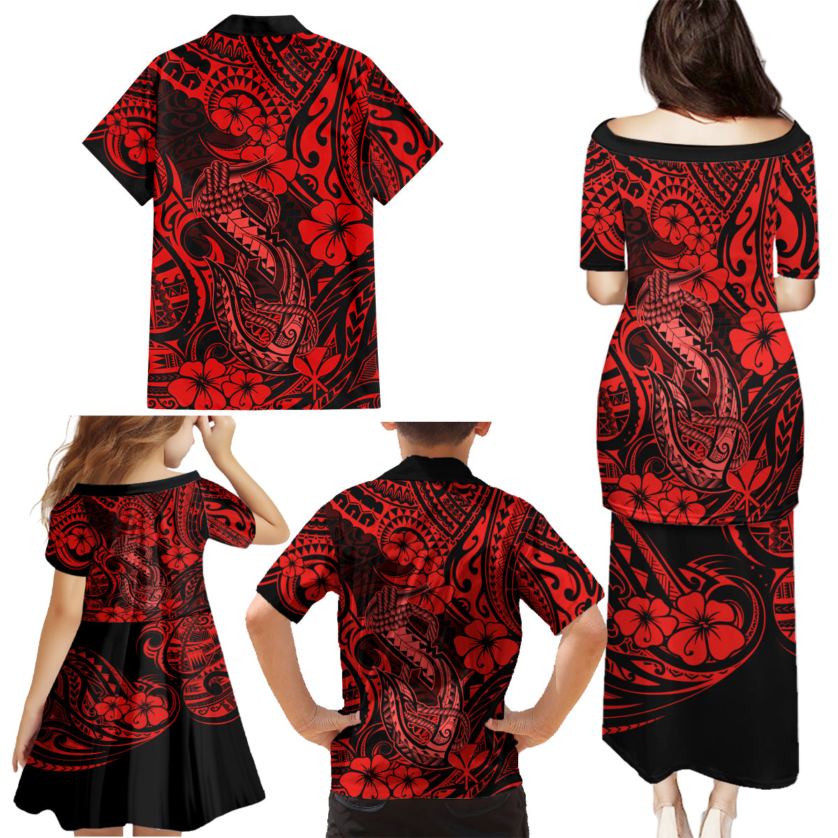 Hawaii Fish Hook Family Matching Puletasi Dress and Hawaiian Shirt Hibiscus Hawaii Tribal Tattoo Red Version - Wonder Print Shop