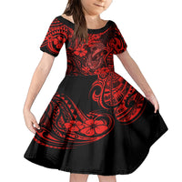 Hawaii Fish Hook Family Matching Short Sleeve Bodycon Dress and Hawaiian Shirt Hibiscus Hawaii Tribal Tattoo Red Version - Wonder Print Shop