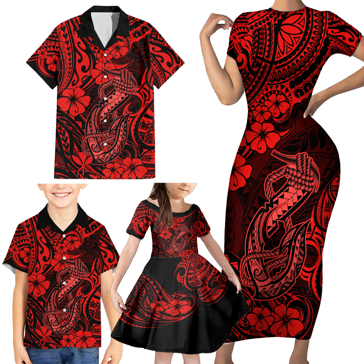 Hawaii Fish Hook Family Matching Short Sleeve Bodycon Dress and Hawaiian Shirt Hibiscus Hawaii Tribal Tattoo Red Version - Wonder Print Shop