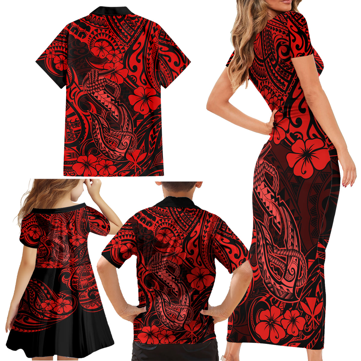 Hawaii Fish Hook Family Matching Short Sleeve Bodycon Dress and Hawaiian Shirt Hibiscus Hawaii Tribal Tattoo Red Version - Wonder Print Shop