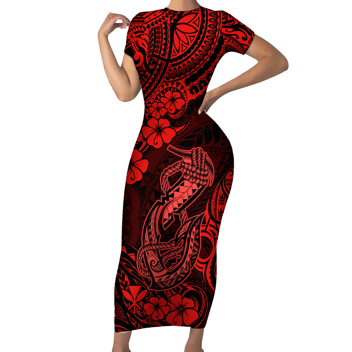 Hawaii Fish Hook Family Matching Short Sleeve Bodycon Dress and Hawaiian Shirt Hibiscus Hawaii Tribal Tattoo Red Version - Wonder Print Shop