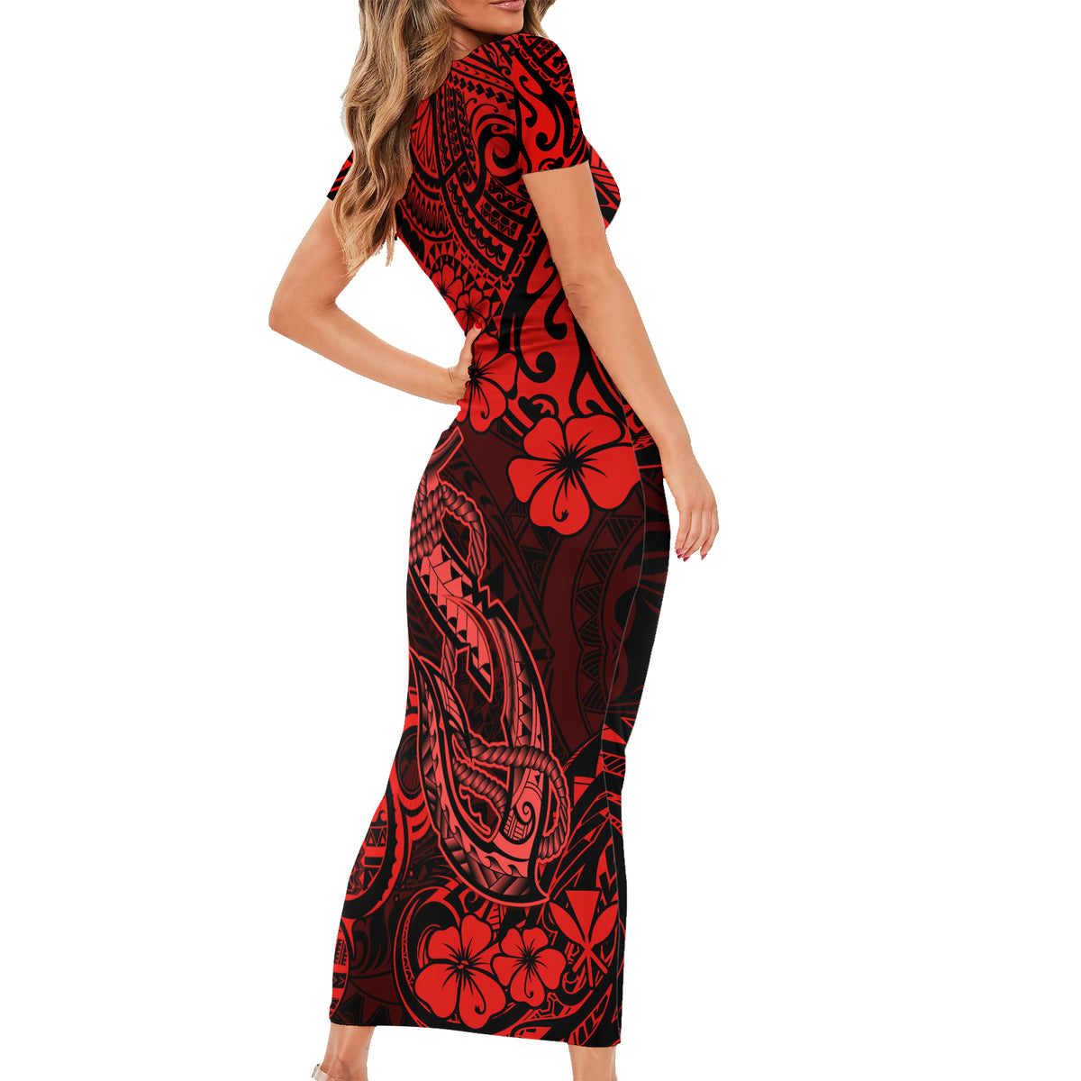 Hawaii Fish Hook Family Matching Short Sleeve Bodycon Dress and Hawaiian Shirt Hibiscus Hawaii Tribal Tattoo Red Version - Wonder Print Shop