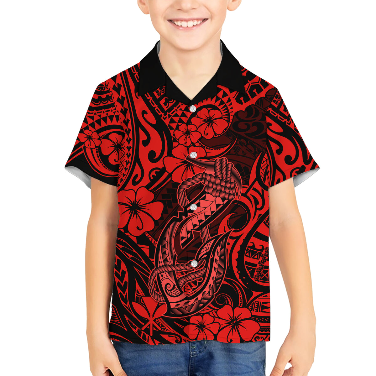 Hawaii Fish Hook Family Matching Short Sleeve Bodycon Dress and Hawaiian Shirt Hibiscus Hawaii Tribal Tattoo Red Version - Wonder Print Shop