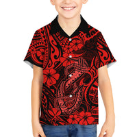 Hawaii Fish Hook Family Matching Short Sleeve Bodycon Dress and Hawaiian Shirt Hibiscus Hawaii Tribal Tattoo Red Version - Wonder Print Shop