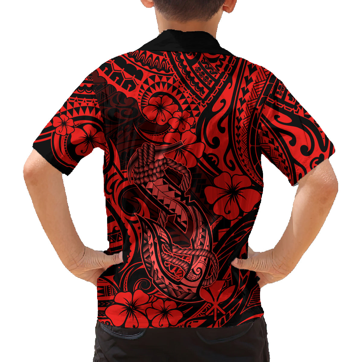 Hawaii Fish Hook Family Matching Summer Maxi Dress and Hawaiian Shirt Hibiscus Hawaii Tribal Tattoo Red Version - Wonder Print Shop