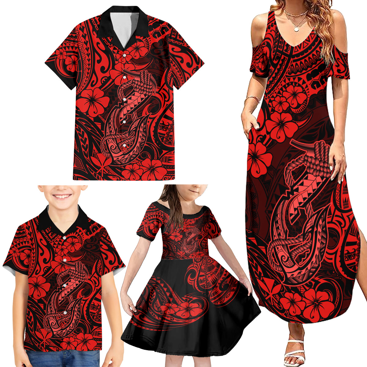 Hawaii Fish Hook Family Matching Summer Maxi Dress and Hawaiian Shirt Hibiscus Hawaii Tribal Tattoo Red Version - Wonder Print Shop