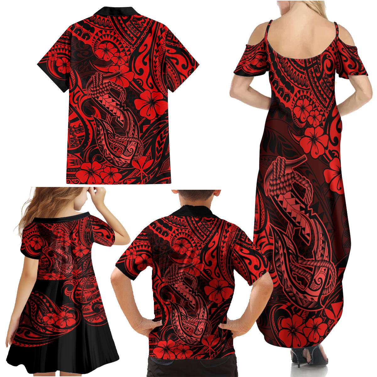 Hawaii Fish Hook Family Matching Summer Maxi Dress and Hawaiian Shirt Hibiscus Hawaii Tribal Tattoo Red Version - Wonder Print Shop