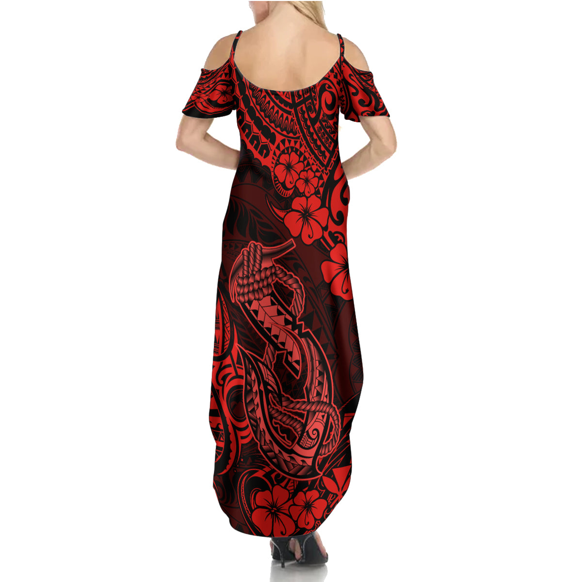 Hawaii Fish Hook Family Matching Summer Maxi Dress and Hawaiian Shirt Hibiscus Hawaii Tribal Tattoo Red Version - Wonder Print Shop
