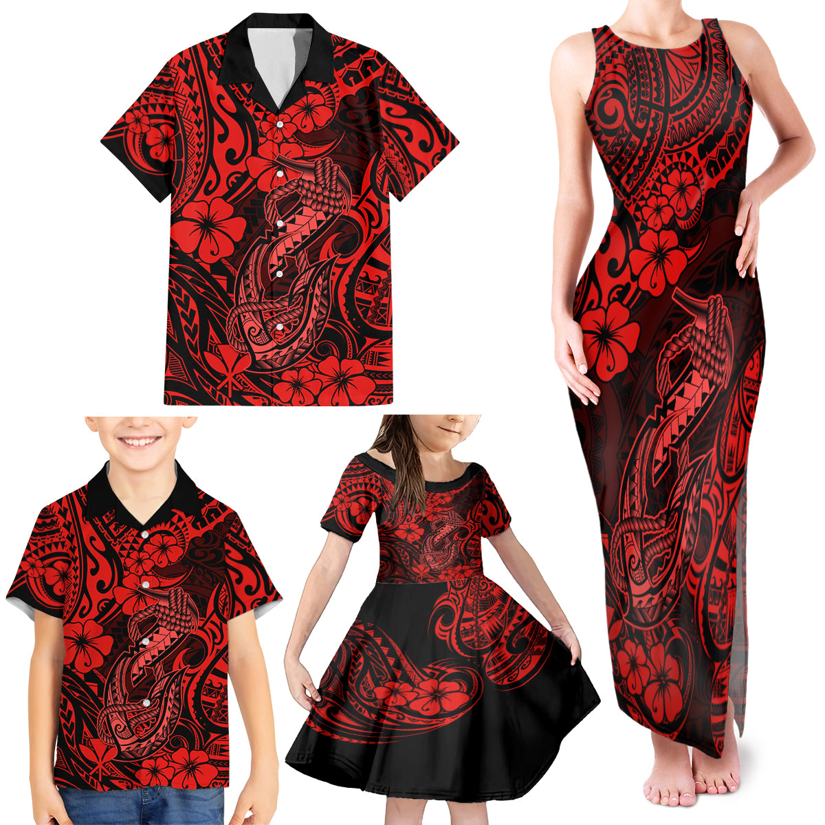 Hawaii Fish Hook Family Matching Tank Maxi Dress and Hawaiian Shirt Hibiscus Hawaii Tribal Tattoo Red Version - Wonder Print Shop