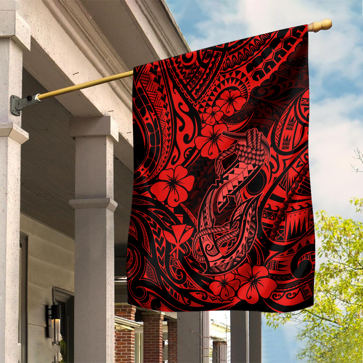 Hawaii Fish Hook Garden Flag Hibiscus Hawaii Tribal Tattoo Red Version - Wonder Print Shop