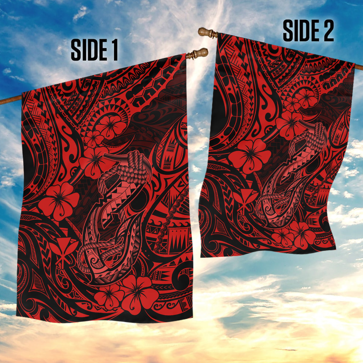 Hawaii Fish Hook Garden Flag Hibiscus Hawaii Tribal Tattoo Red Version - Wonder Print Shop