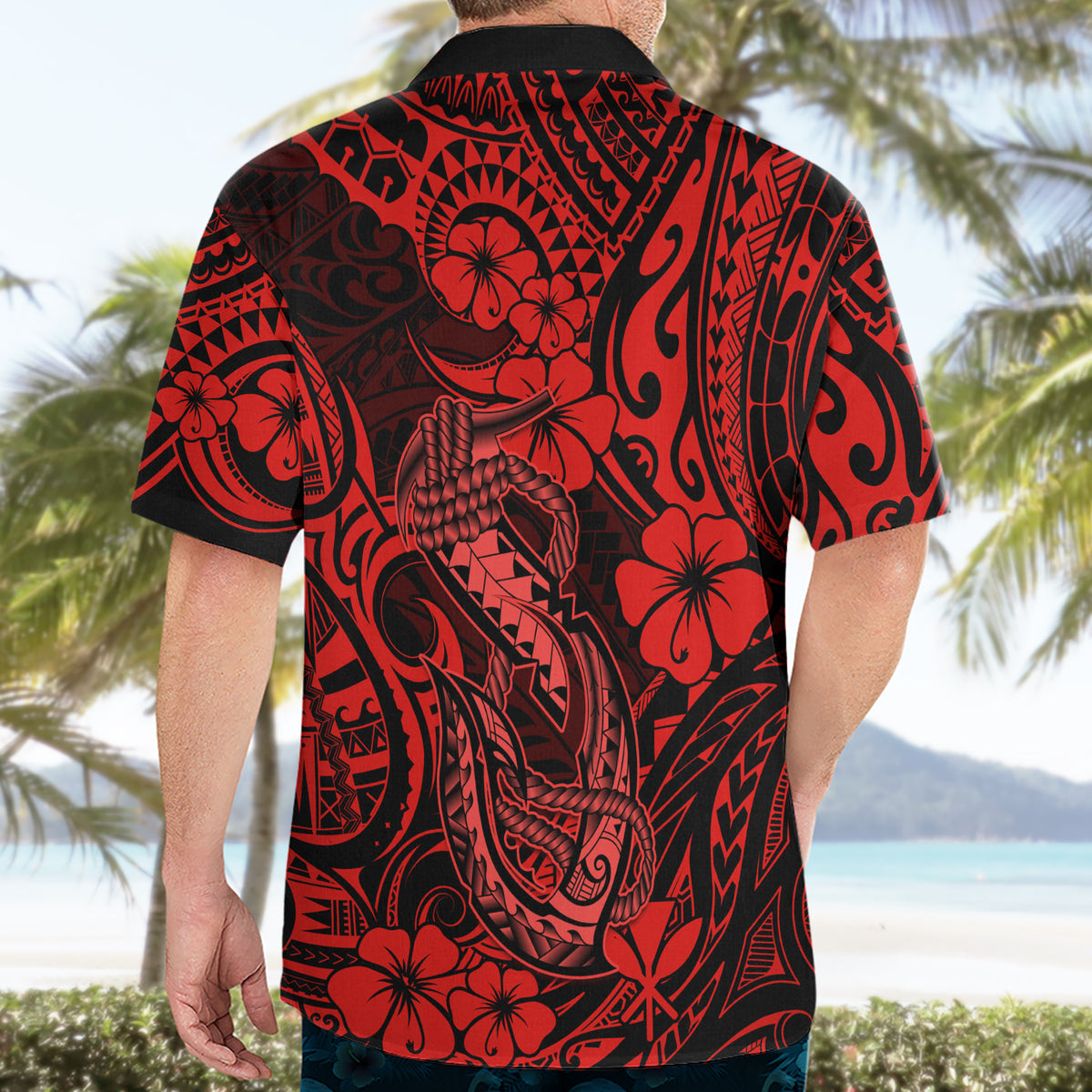 Hawaii Fish Hook Hawaiian Shirt Hibiscus Hawaii Tribal Tattoo Red Version - Wonder Print Shop