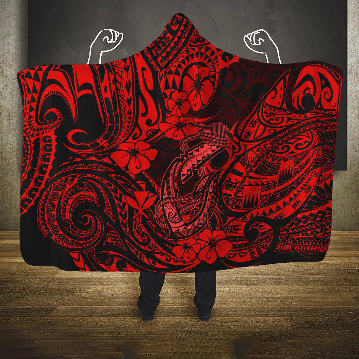 hawaii-fish-hook-hooded-blanket-hibiscus-hawaii-tribal-tattoo-red-version