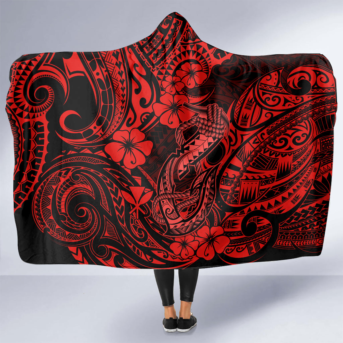 hawaii-fish-hook-hooded-blanket-hibiscus-hawaii-tribal-tattoo-red-version