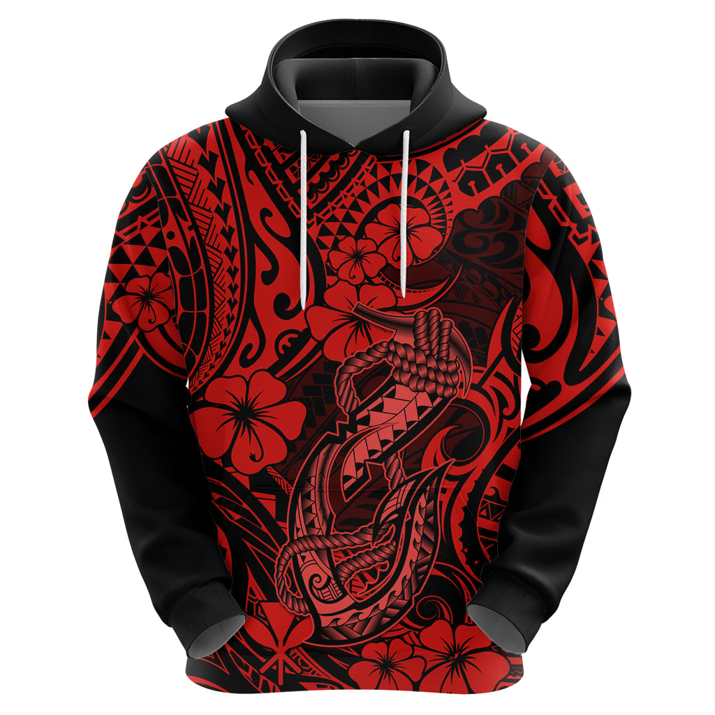 Hawaii Fish Hook Hoodie Hibiscus Hawaii Tribal Tattoo Red Version - Wonder Print Shop