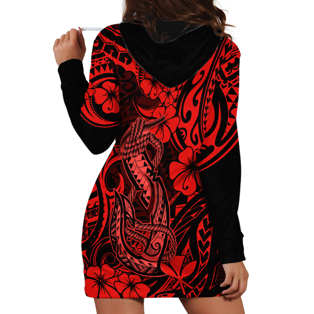 Hawaii Fish Hook Hoodie Dress Hibiscus Hawaii Tribal Tattoo Red Version - Wonder Print Shop
